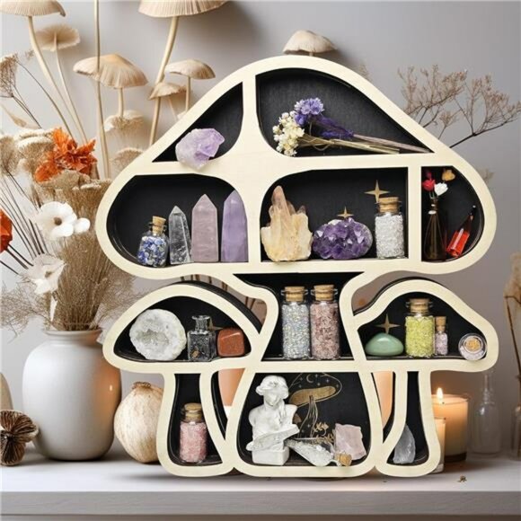 Wooden Mushroom Floating Shelf Crystal Display Wall Hanging Organizer for Decor - Picture 2 of 7